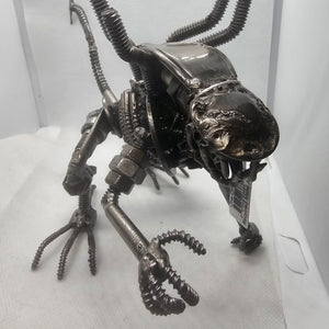 Alien Crouched Inspired Recycled Metal Sculpture