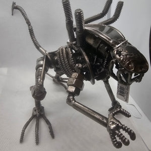 Alien Crouched Inspired Recycled Metal Sculpture